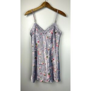 Vintage 90s Victorias Secret Floral Satin Lace Trim Slip Dress M Purple Lilac